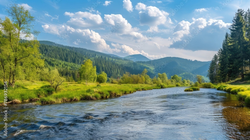 carpathian countryside scenery with river on a sunny day in spring. trees along shore and forest on the hill. mountainous landscape of ukraine beneath a blue sky with fluffy clouds