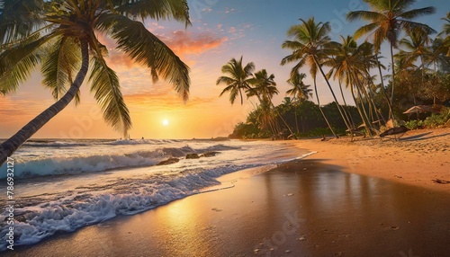  a serene sunset scene on a sandy beach, complete with gently swaying palm trees and the sound of waves crashing in the distance