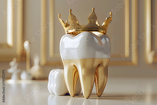 Healthy tooth with golden crown. 3D rendering