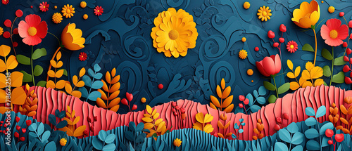 brightly colored paper flowers and leaves on a blue background photo