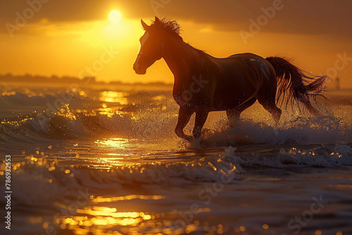 A horse ridding on the beach having an elegant view with sun set