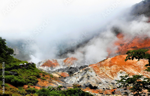 北海道の登別町の地獄谷の風景、登別温泉の地獄谷の風景