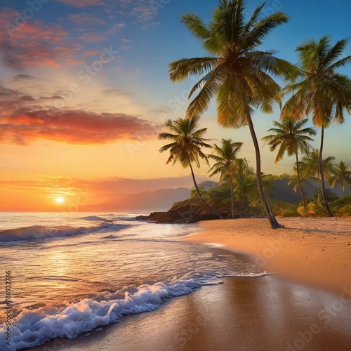  a serene sunset scene on a sandy beach, complete with gently swaying palm trees and the sound of waves crashing in the distance