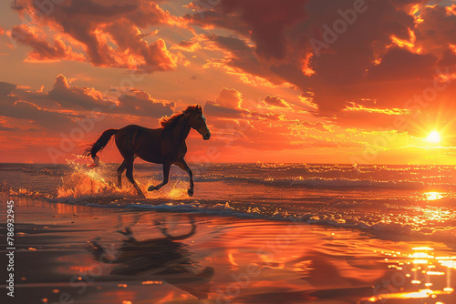 A horse ridding on the beach having an elegant view with sun set © Zoraiz