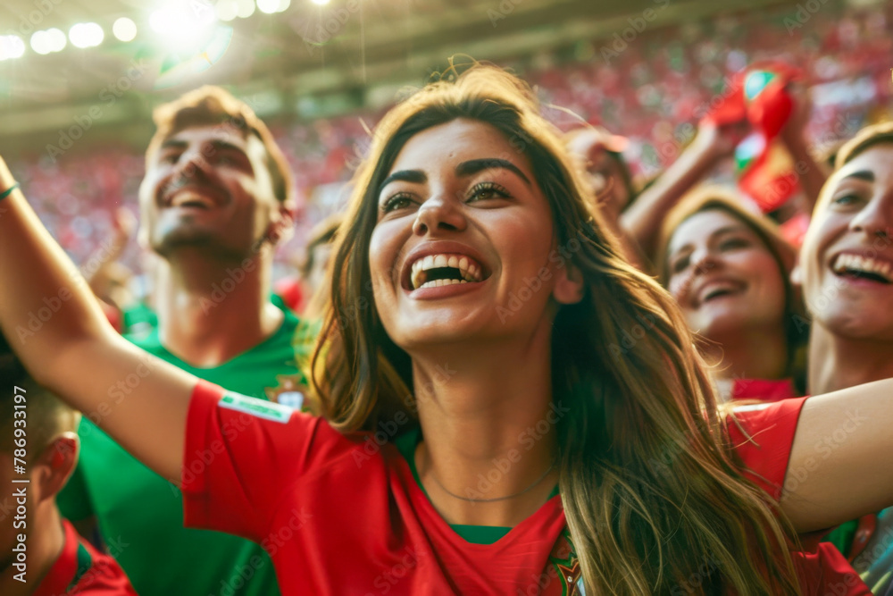 Portuguese Football or soccer fans cheer and support their team on tribune in football stadium