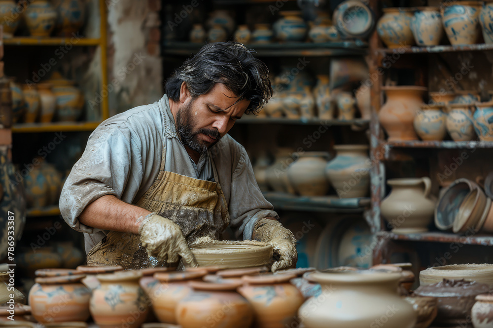 Artisan Potter Inspecting Handcrafted Ceramic Bowls Artisan Potter Inspecting Handcrafted Ceramic Bowls