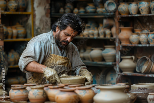 Artisan Potter Inspecting Handcrafted Ceramic Bowls