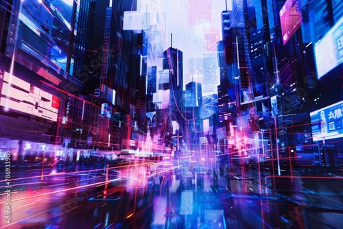 An abstract cyber city with glitching skyscrapers  digital billboards  and pulsating energy fields  Generative AI