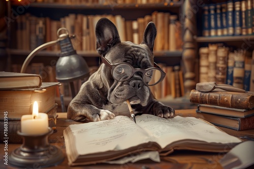 A derpy French bulldog wearing oversized glasses sitting at a miniature desk, surrounded by vintage books in a dimly lit reading nook. photo