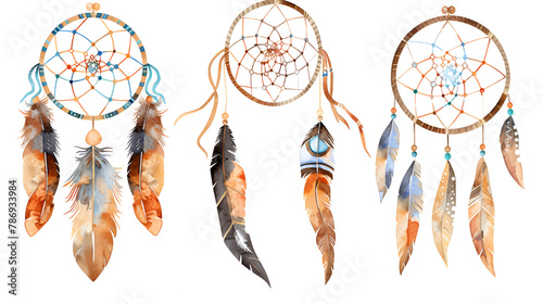 Abstract of dreamcather with colorful watercolor in hand drawn. Concept of belief in amulet decorated by feathers with net handmade Dream catcher with abstract bright beautiful feathers photo