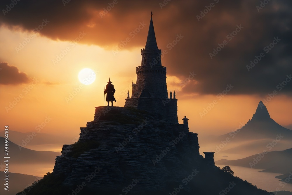 AI generated illustration of a magician next to his tower looking into the sunset