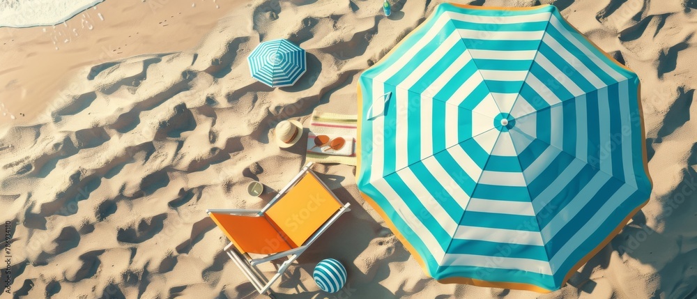 An umbrella with chairs and beach accessories on the sand in the summer. A 3D rendering of a holiday concept. An umbrella with chairs and beach accessories on the sand in the summer. A 3D rendering of a holiday concept.