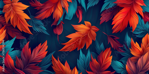 Orange and Blue Leaf fall leaves seamless dark background. Autumn concept