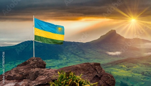 The Flag of Rwanda On The Mountain.