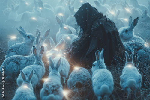 A scene depicting a shaman surrounded by snow hares, each hare touched by the shaman glowing with a photo