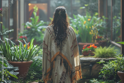 A scene depicting a shaman walking through a corporate office, blessing plants and instilling a sens