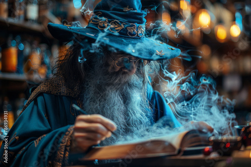 A scene depicting a wizard who crafts custom spells for clients, translating their needs into unique