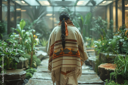 A scene depicting a shaman walking through a corporate office, blessing plants and instilling a sens