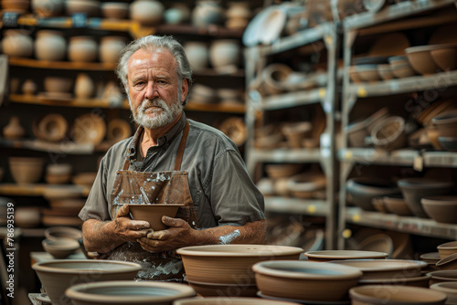 Artisan Potter Inspecting Handcrafted Ceramic Bowls
