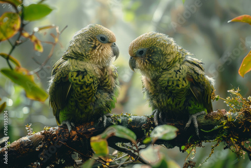 A scene showing the delicate interaction between two Kakapo parrots in New Zealand, their playful be photo