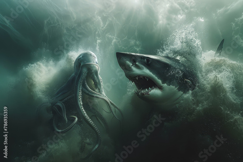 Octopus and Shark Encounter in Turbulent Waters © bajita111122