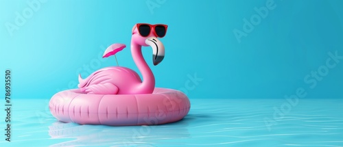 A flamingo float with sunglasses against a pale blue background. Summer-minimal concept rendered in 3D. © Антон Сальников