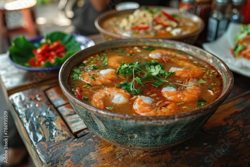 Tom Yum Kung, Tom Yum Soup, Tom yam kung is a spicy clear soup typical in Thailand, Generative AI