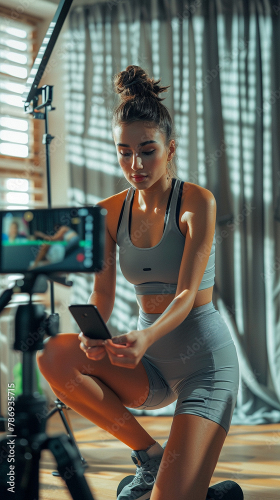 Fototapeta premium Active young female fitness instructor recording workout video. Sporty woman in sportswear filming online training session on smartphone. Healthy lifestyle blogger creating content for fitness blog.