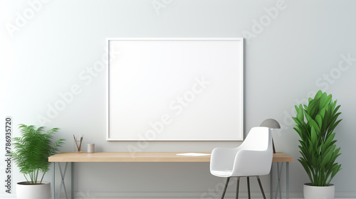 Clean, minimalist office environment with vibrant accents and a blank white frame, ready for inspiration. © Awais