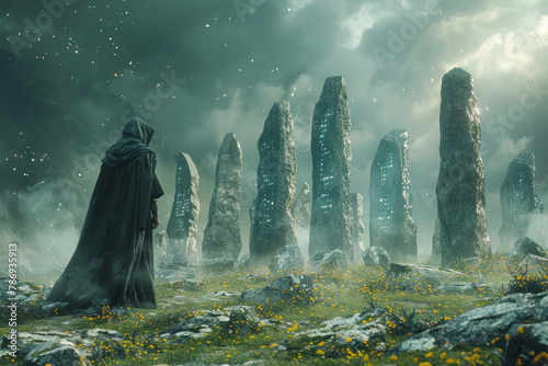 A scene where a wizard uses enchanted stones to store vast amounts of data securely, each stone repr photo
