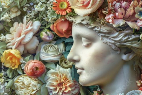 A scene where Flora, the Roman goddess of flowers, is the face of an international flower delivery s
