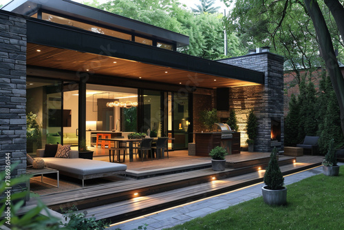 Backyard of a modern home extension includes the of a Backyard, deck, patio area