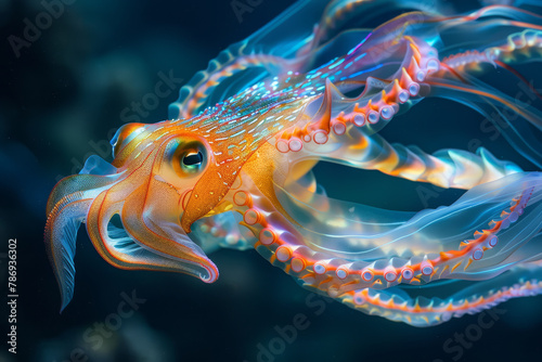 A translucent squid, adorned with glowing orange spots, hovers in the darkness of the ocean, tentacles trailing like celestial streams..