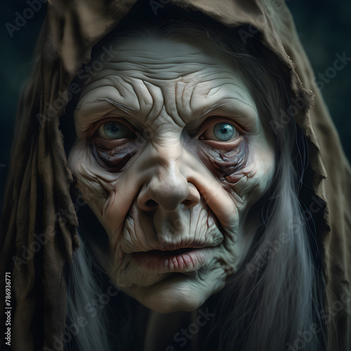 Portrait of an Old Wrinkled Witch with Blue Eyes and Gray Hair