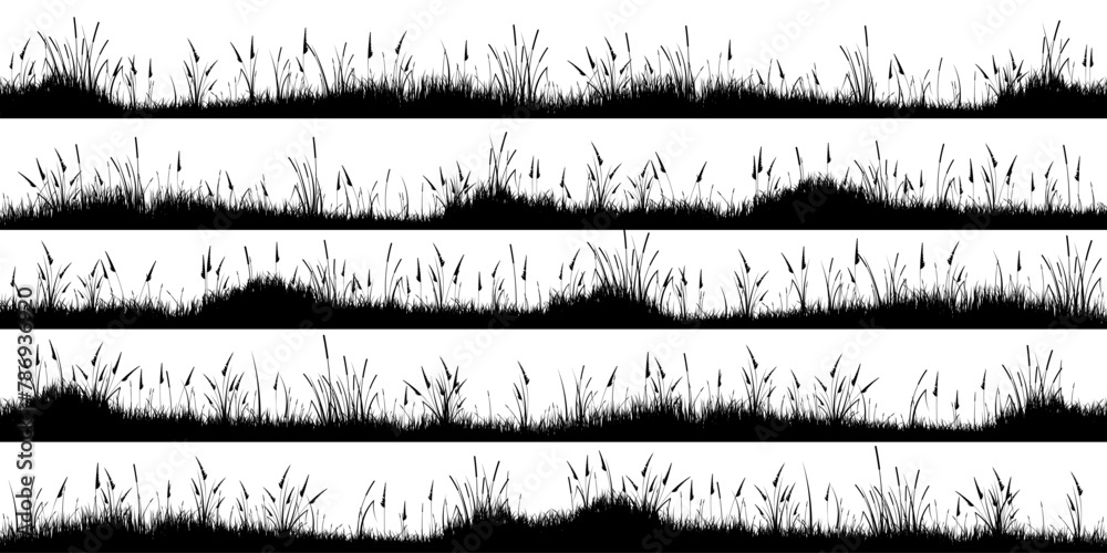 Fototapeta premium Meadow silhouettes with grass, plants on plain. Panoramic summer lawn landscape with herbs, various weeds. Herbal border, frame element. Black horizontal banners. Vector illustration