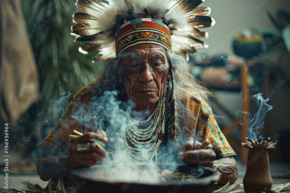 An image of a shaman conducting a cleansing ceremony in an office, using smoke from medicinal herbs - obrazy, fototapety, plakaty 