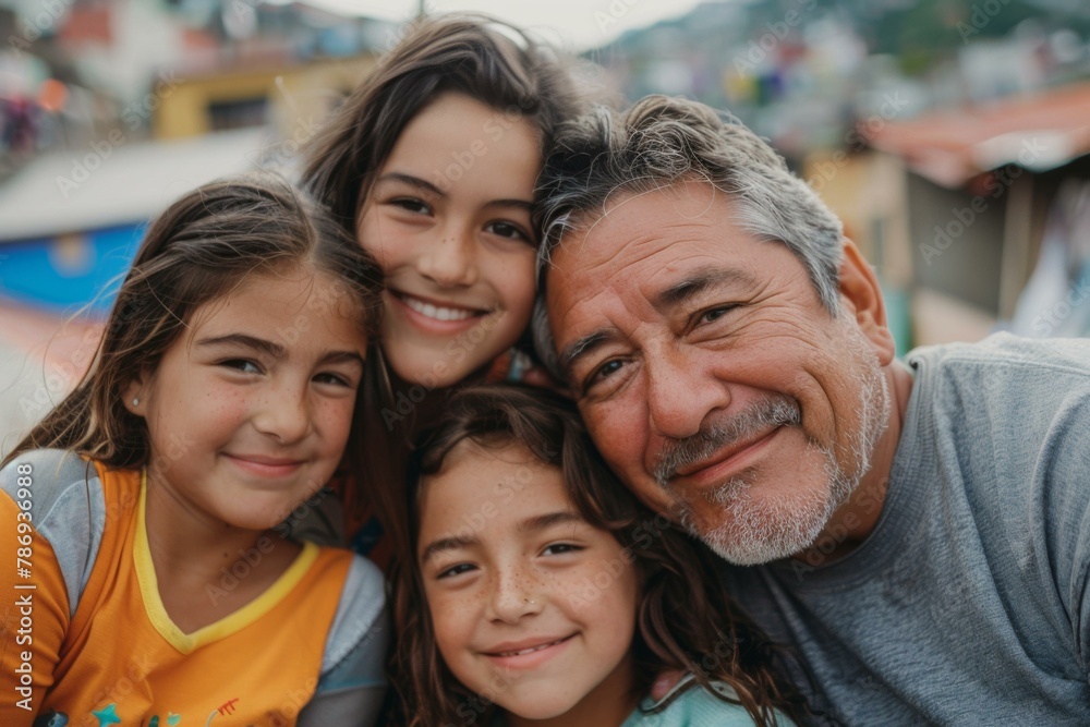 Fototapeta premium A man and three girls pose for a picture with their father. Generative AI.