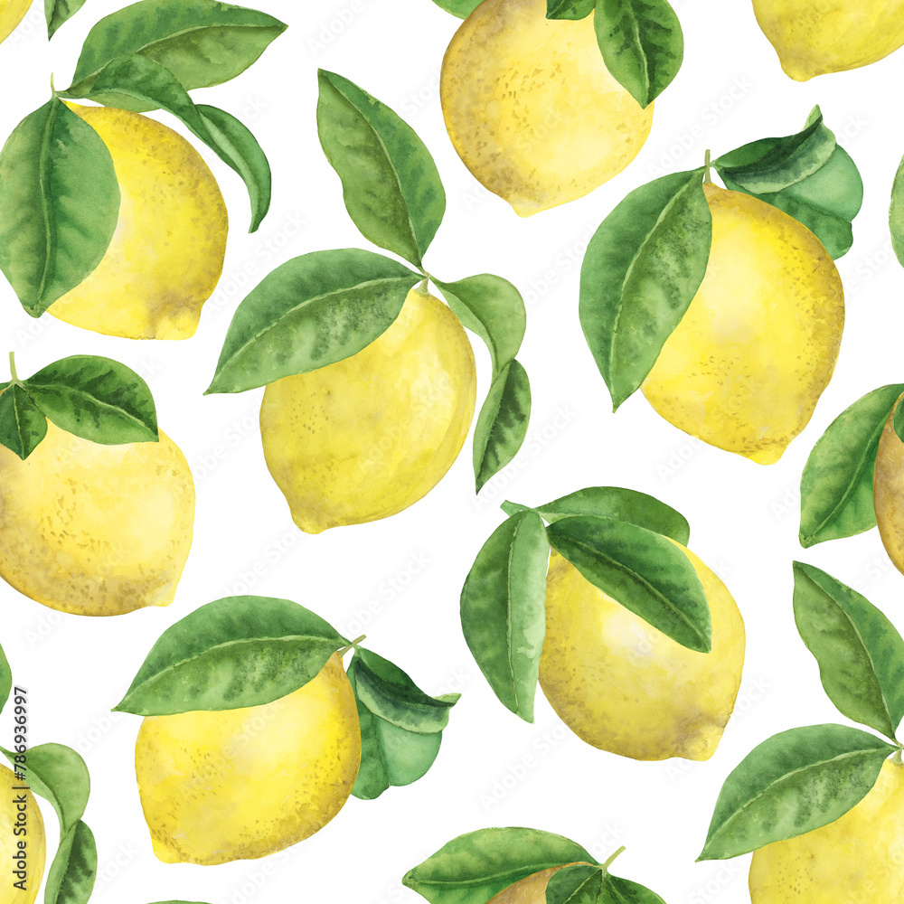 Lemons and leaves seamless watercolor pattern isolated on white. Summer tropical citrus fruits. Lemon branches background
