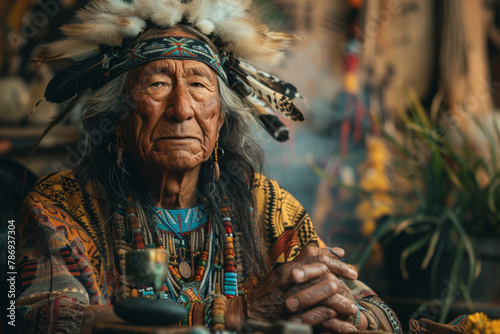 An image of a shaman presenting at a green energy conference, his traditional symbols and tools disp photo