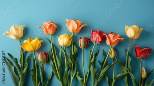 Tulips in yellow and red hues set against a blue backdrop Celebration theme