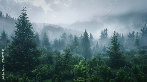 coniferous forest in foggy mountains photo