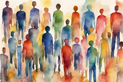 Abstract colorful art watercolor painting depicts a diverse group of people united