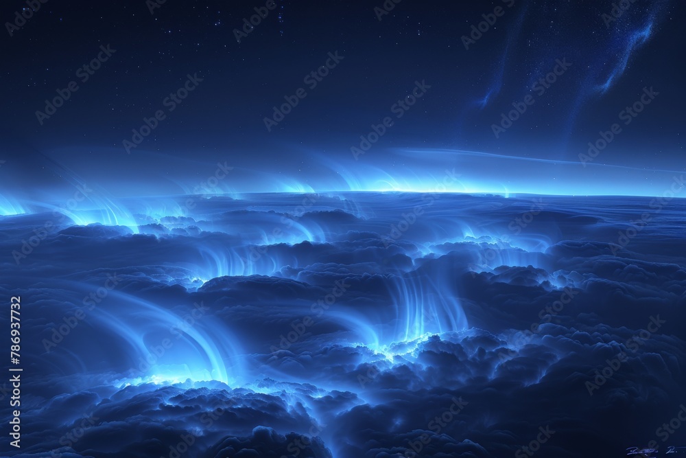 Naklejka premium A view of wispy stratospheric clouds set against a deep indigo sky, creating a dreamy backdrop with subtle hints of silver moonlight filtering through