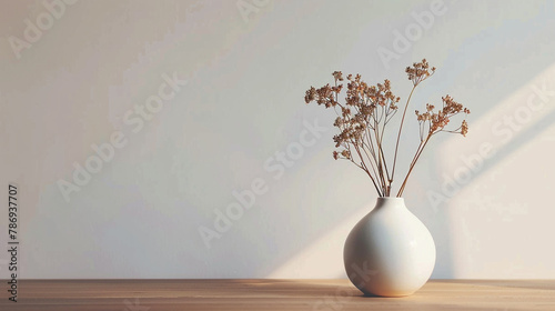 From a minimalist perspective, this image highlights a wooden table adorned with a white ceramic vase filled with dry spikelets, illustrating the beauty of simplicity in modern design.