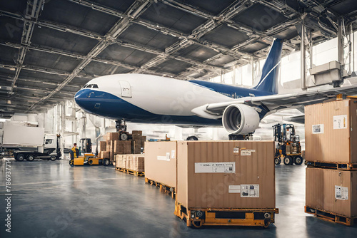 Air cargo freighter Logistics import export goods of freight global, Process of handling, Luggage loading with high loader at the Airport