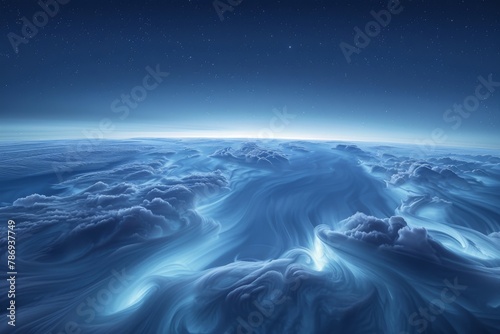 A view of wispy stratospheric clouds set against a deep indigo sky, creating a dreamy backdrop with subtle hints of silver moonlight filtering through