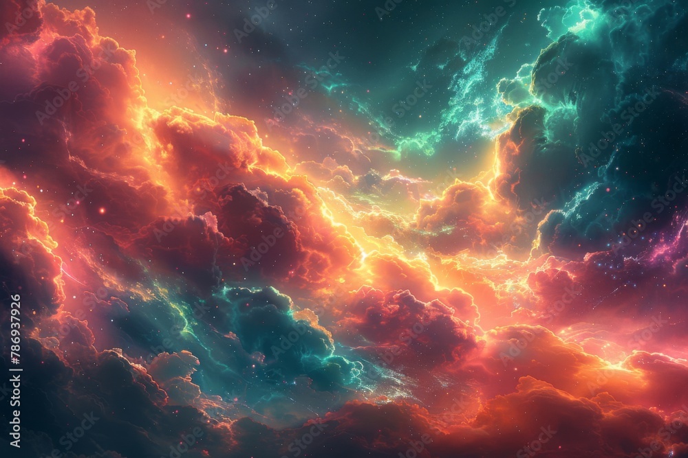 Neon stratospheric clouds in vivid shades of pink and green, giving the appearance of a futuristic or alien sky, set against the backdrop of a dark, expansive universe Neon stratospheric clouds in vivid shades of pink and green, giving the appearance of a futuristic or alien sky, set against the backdrop of a dark, expansive universe