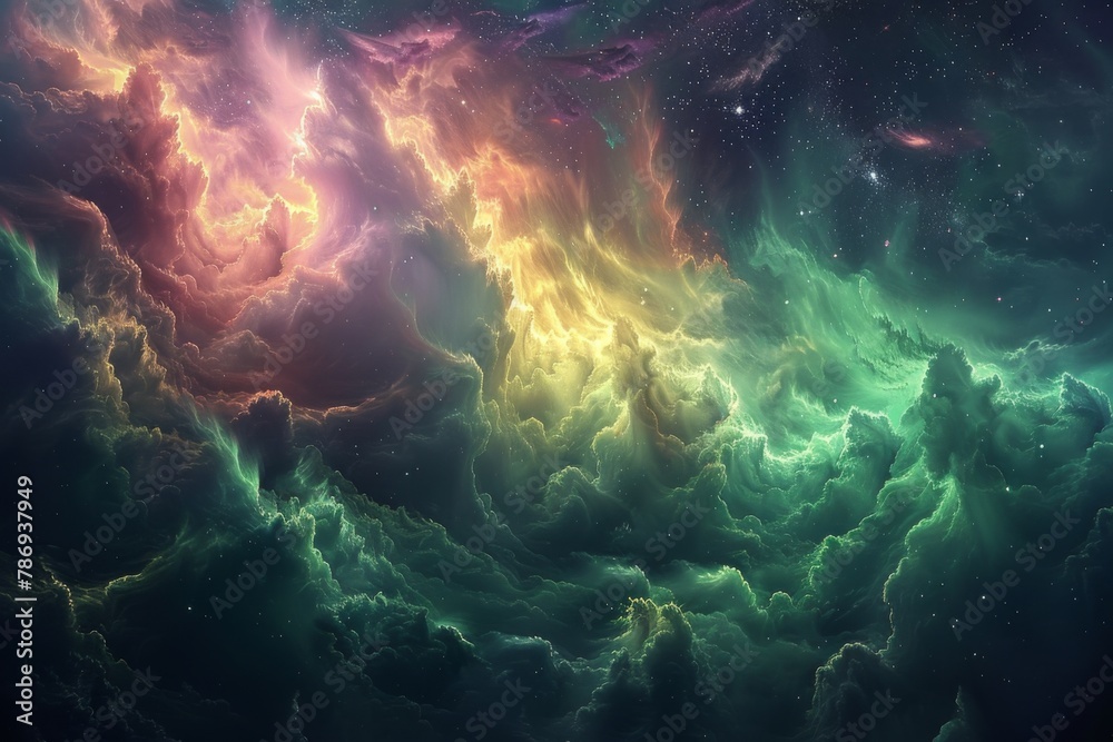 Fototapeta premium Neon stratospheric clouds in vivid shades of pink and green, giving the appearance of a futuristic or alien sky, set against the backdrop of a dark, expansive universe