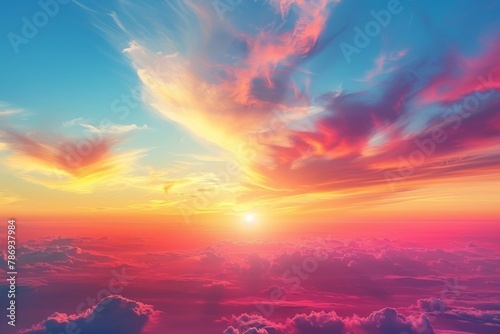 Soft, feathery stratospheric clouds in a gradient of sunset colors ranging from yellow to deep red, set against a clear evening sky, creating a smooth and soothing transition