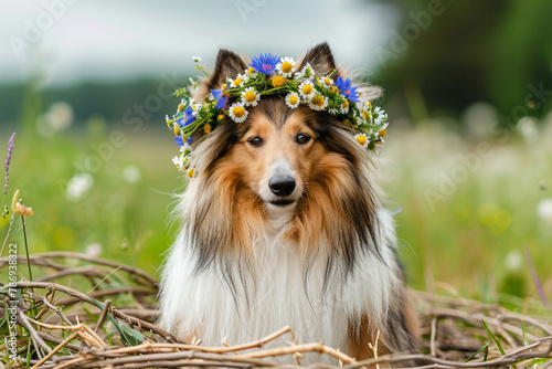 Beautiful sable white shetland sheepdog, small collie lassie dog outside portrait with cornflower midsummer circlet of flowers. Happy midsummer celebration postcard with smiling sheltie
